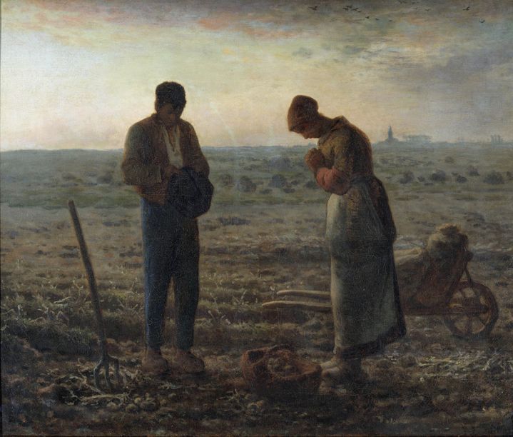 "L'Angelus" Paysans priant dans un champs. Peinture de Jean Francois Millet (1814-1875) 1857 Dim. 0,55 x 0,66 m Paris, musee d'Orsay ©Photo Josse/Leemage 
