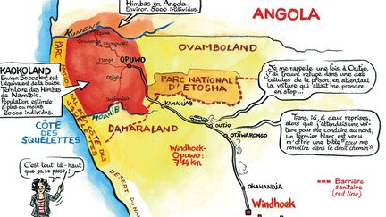 La Namibie est un pays d’Afrique australe de 825.000 km² (la France en fait 550.000), de 2.200.000 habitants. Il est indépendant depuis 1990. Le Kaokoland, c’est l’ancienne région qui allait du fleuve Kunene à la rivière Hoanib en passant par Opuwo et délimitait le territoire habité par les Himbas. (La Boîte à Bulles - Simon Hureau/Solenn Bardet )