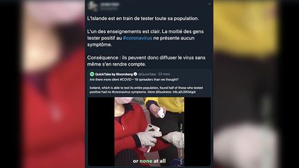 Capture d'écran d'un tweet déclarant que&nbsp;l'Islande est en train de tester l’ensemble de sa population au coronavirus. (CAPTURE ECRAN)