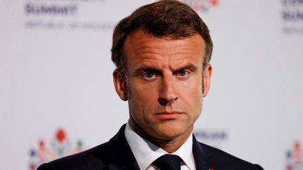 Emmanuel Macron, le 1er juin 2023 à Bulboaca en Moldavie. (LUDOVIC MARIN / AFP)