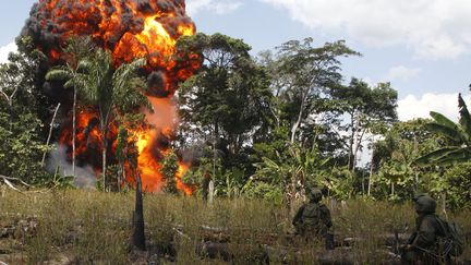 Des policiers anti-drogue colombiens observent la destruction d'un laboratoire clandestin de coca&iuml;ne appartenant aux FARC &agrave; Puerto Concordia (Colombie), le 25 janvier 2012. (JOHN VIZCAINO / REUTERS)