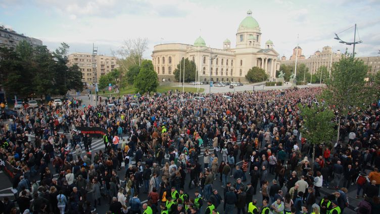 Serbs demonstrate against violence in their country, May 8, 2023 in Belgrade.  (MILOS MISKOV / ANADOLU AGENCY / AFP)