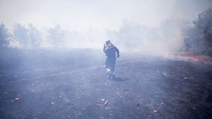 Des pompiers luttent contre les femmes à Artigues (Var), le 25 juillet 2017.&nbsp; (FRANCK BESSIERE / AFP)