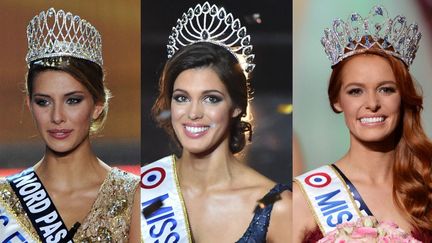 Camille Cerf, Iris Mittenaere et Maëva Coucke ont remporté le concours de Miss France, respectivement, en 2015, 2016 et 2018. (AFP)