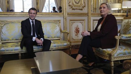 Emmanuel Macron et Marine Le Pen, le 6 février 2019 à l'Elysée, à Paris. (PHILIPPE WOJAZER / AFP)