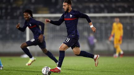 L'attaquant international espoir français Amine Gouiri face à la Serbie lors des éliminatoires à l'Euro U21, le 12 octobre 2021. (MILOSAVLJEVIC / SIPA)