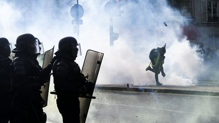 Un "gilet jaune" et des policiers à Paris, samedi 9 février 2019, pour le 13e samedi de mobilisation&nbsp;du mouvement. (VALENTINE ZELER / HANS LUCAS)