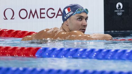 Mewen Tomac après sa 4e place de la finale 200 mètres dos à la piscine de la Defense Arena le 1er août 2024 aux Jeux olympiques. (KEMPINAIRE STEPHANE / KMSP)