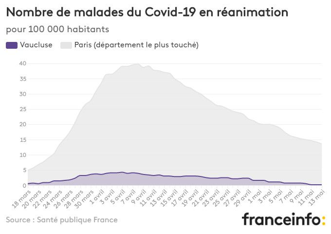 Nombre de malades du Covid-19 en réanimation pour 100 000 habitants. (FRANCEINFO)