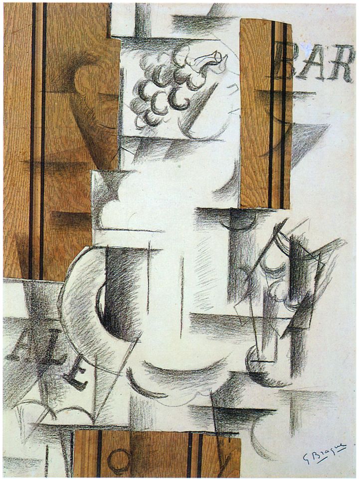 Georges Braque, "Compotier et verre" (premier papier coll&eacute;), 1912. Fusain, papier faux bois coll&eacute; sur papier, 62,8 x 45,7 cm. The Leonard A. Lauder Cubist Trust. (THE LEONARD A. LAUDER CUBIST TRUST / ADAGP, PARIS 2013 )