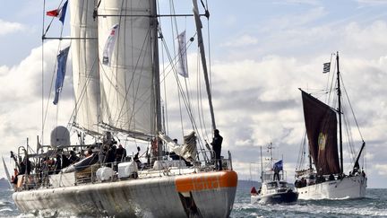 La goélette de l'expédition Tara, de retour à Lorient le 27 octobre 2018, après deux années et demi en mer, ayant parcouru plus de 100.000 km pour étudier les récifs coraliens du Pacifique.&nbsp; (THIERRY CREUX / MAXPPP)