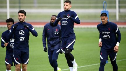 L'équipe de France de football s'entraîne à Clairefontaine (Yvelines) pour les qualifications du Mondial 2022, lundi 22 mars 2021. (FRANCK FIFE / AFP)