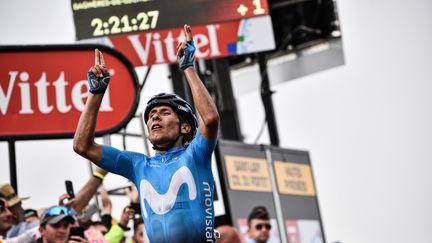 Le Colombien Nairo Quintana remporte la 17e étape du Tour de France à Saint-Lary-Soulan, le 25 juillet 2018. (JEFF PACHOUD / AFP)