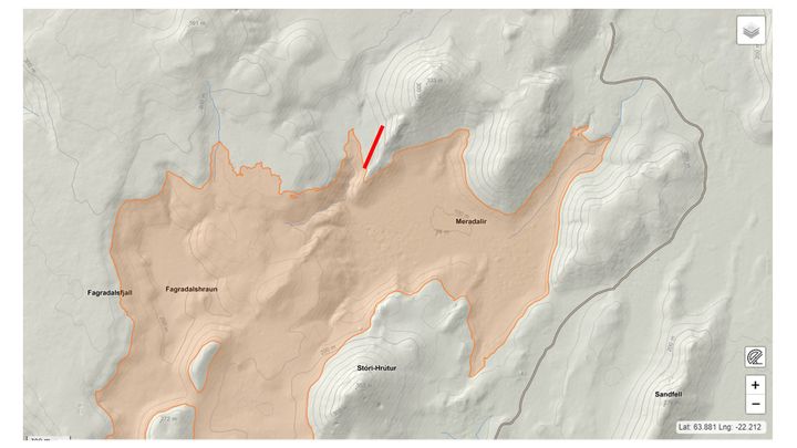 La fissure volcanique est longue d'environ 300 mètres, selon l'Institut métérologique islandais, le 3 août 2022. (INSTITUT METEOROLOGIQUE ISLANDAIS)