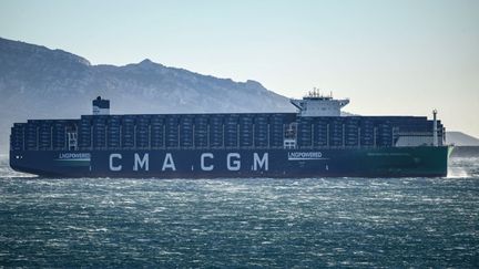 The container ship "CMA CGM Palais Royal"in the bay of Marseille, December 14, 2023. (CHRISTOPHE SIMON / AFP)