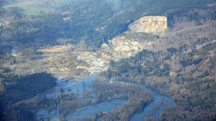 Vue a&eacute;rienne du glissement de terrain qui a fait au moins 14 morts, dans l'Etat de Washington (Etats-Unis), le 23 mars 2014. ( REUTERS)