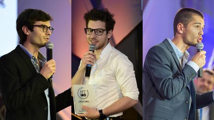 Nicolas Urruty, Mathieu Buonafine et Bertrand Cochard lors de la finale française du concours "Ma thèse en 180 secondes" à Bordeaux (Gironde), le 31 mai 2016. (MT180 CPU-CNRS / HUGUES BRETHEAU / SAM / UNIVERSITE DE BORDEAUX)