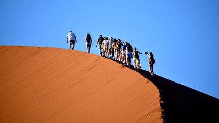 Des touristes sur la crête d'une dune dans le parc national Namib-Naukluft, dans le sud-ouest de la Namibie, le 1er mars 2019. (MATTHIAS TOEDT / DPA-ZENTRALBILD)