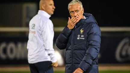 Didier Deschamps et son adjoint Guy Stéphan à l'entraînement de l'équipe de France, à Clairefontaine, le 14 novembre 2022. (MATTHIEU MIRVILLE / AFP)