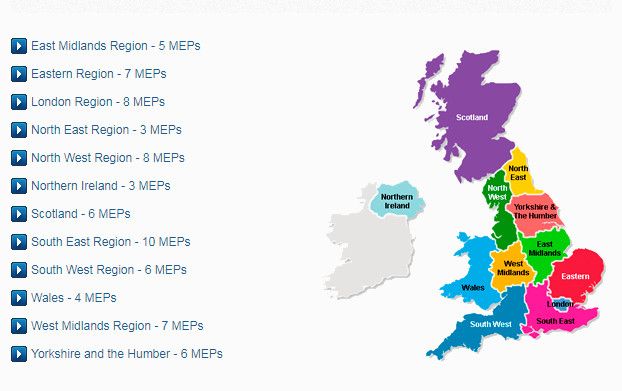 Publiée sur le site du bureau britannique au Parlement européen, cette carte montre les 11 circonscriptions du Royaume-Uni, lors des élections européennes.&nbsp; (EUROPEAN PARLIAMENT LIAISON OFFICE IN THE UNITED KINGDOM)