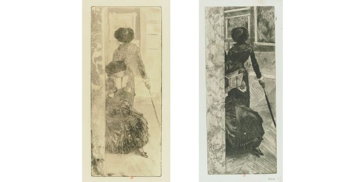 Edgar Degas, "Au Louvre, la peinture, Mary Cassatt", 1879-1880, eau-forte, aquatinte, pointe sèche et crayon électrique (deux états différents), BnF, Estampes et photographie (© BnF)