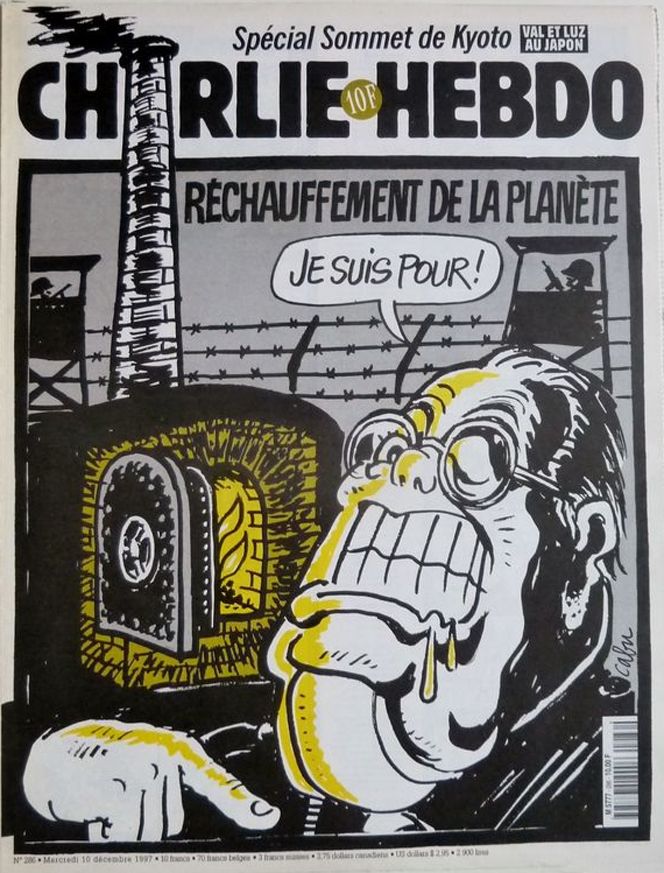 La une de Charlie Hebdo, dessinée par Cabu, en décembre 1997 fait référence à la phrase de Jean-Marie Le Pen pour qui les camps de concentration nazis sont "un détail de l'histoire". (CHARLIE HEBDO)