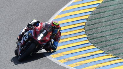 La Suzuki n°1&nbsp;des pilotes français Gregg Black, Sylvain Guintoli et&nbsp;du Belge Xavier Simeon a conservé sa couronne lors des 24h du Mans, le 17 avril 2022. (JEAN-FRANCOIS MONIER / AFP)