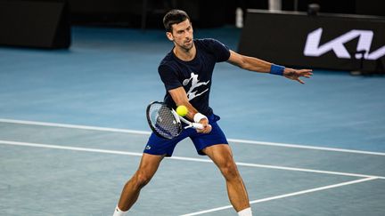 Novak Djokovic, à l'entraînement à Melbourne lors de sa préparation rocambolesque de l'Open d'Australie, le 14 janvier 2022. (MAXPPP)