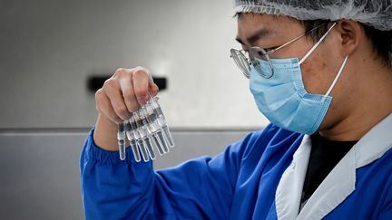 Un homme vérifie des vaccins contre le Covid-19 dans une usine à Pékin le 24 septembre 2020 (photo d'illustration). (WANG ZHAO / AFP)