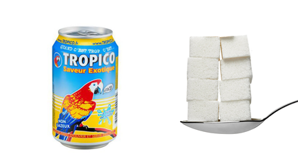 Une canette de 33 cl de Tropico saveur exotique contient 39,6&nbsp;g de sucre, soit 7,9&nbsp;morceaux. ( DR )