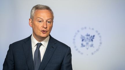 Le ministre de l'Economie Bruno Le Maire à l'Elysée à Paris, le 16 mai 2023, lors d'une conférence de presse. (XOSE BOUZAS / HANS LUCAS / AFP)