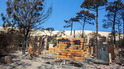 La dune du Pilat vue depuis un des campings dévastés par l'incendie de la Teste-de-Buch (Gironde), le 21 juillet 2022. (IDHIR BAHA / HANS LUCAS / AFP)