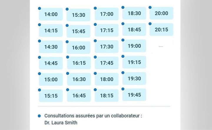 Reconstitution d’une capture d’écran montrant les consultations proposées sur Doctolib par la dénommée Laura Smith. (GERALDINE HALLOT / CELLULE INVESTIGATION DE RADIO FRANCE)