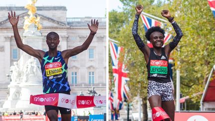 Le Kényan Amos Kipruto (à gauche) et l'Éthiopienne Yalemzerf Yehualaw (à droite)&nbsp;ont&nbsp;remporté le marathon de Londres, le 2 octobre 2022.&nbsp; (AFP)