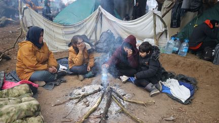 Des migrants bloqués à la frontière entre la Biélorussie et la Pologne, le 11 novembre 2021. (LEONID SHCHEGLOV / BELTA)