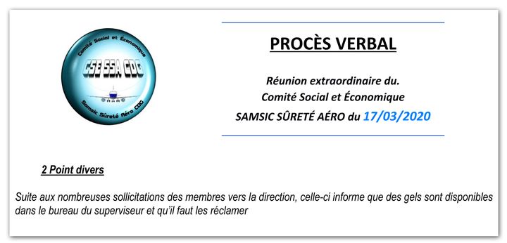 Extrait du procès-verbal de la réunion du CSE de Samsic du 17 mars 2020. (CELLULE INVESTIGATION DE RADIOFRANCE)