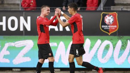 Le Rennais&nbsp;Nayef Aguerd (à g.) a inscrit le deuxième but breton du match,&nbsp; face à Rosenborg en Ligue Europea Conférence, jeudi 26 août.&nbsp; (JEAN CATUFFE / DPPI / AFP)