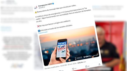 Les autorités espagnoles ont passé du temps à démentir de fausses informations qui circulaient sur les réseaux sociaux depuis le début des inondations qui touchent le sud de la région de Valence (CAPTURE ECRAN X / RADIO FRANCE)