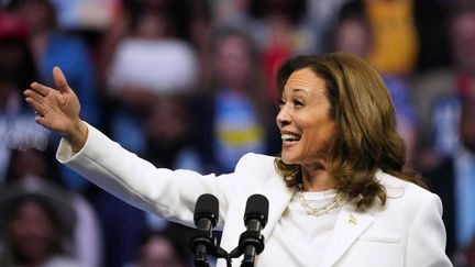 La vice-présidente américaine Kamala Harris prononce un discours devant ses partisans lors d'un événement de campagne à Savannah, en Géorgie, le jeudi 29 août 2024. (RICHARD ELLIS / MAXPPP)