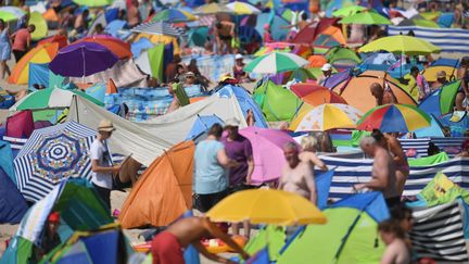 Pendant une vague de chaleur, des centaines de personnes sont rassemblées sur une plage de&nbsp;Zinnowitz, une station balnéaire allemande, le 24 juillet 2020.&nbsp; (STEFAN SAUER / DPA-ZENTRALBILD / AFP)