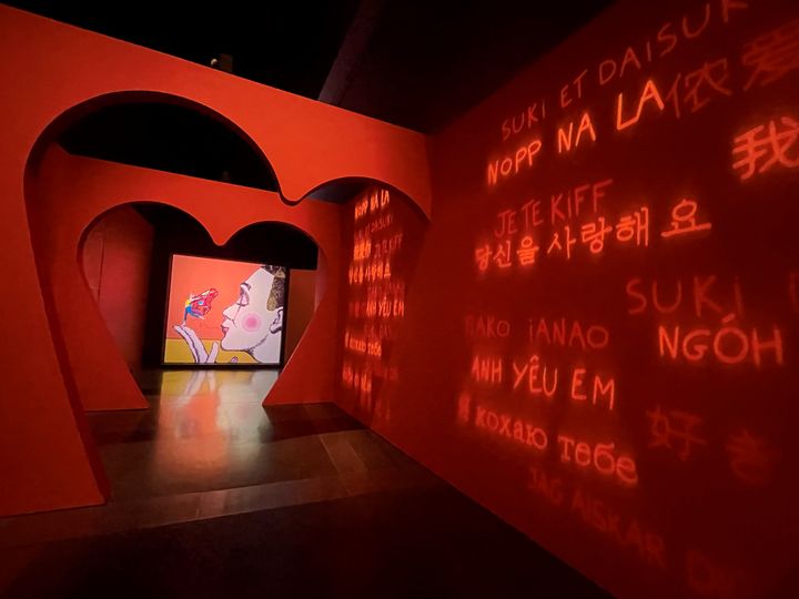 Des chuchotements de "je t'aime" dans toutes les langues, à l'exposition "À nos amours" au musée des Confluences, à Lyon. (INAS HAMOU ALDJA)