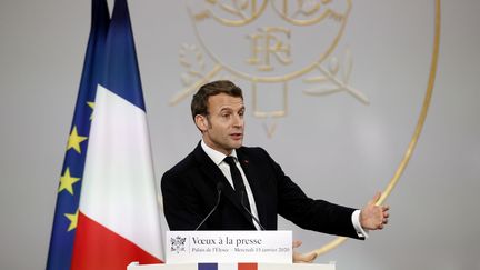 Le président de la République, Emmanuel Macron, présente ses vœux à la presse, le 15 janvier 2020 à l'Elysée.&nbsp; (YOAN VALAT / AFP)