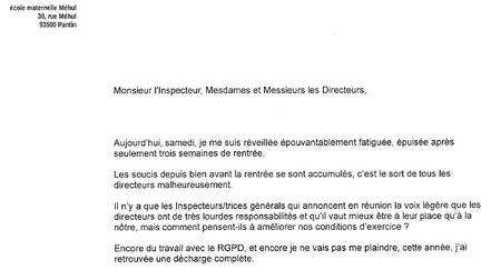 Extrait du courrier signé d'une directrice d'école à Pantin, retrouvée morte dans son établissement. (DOCUMENT FRANCEINFO)