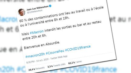 Dans un tweet du 14 octobre, Jean-Luc Mélenchon affirme que 60% des contaminations ont lieu au travail ou à l'école.&nbsp; (FRANCEINFO)