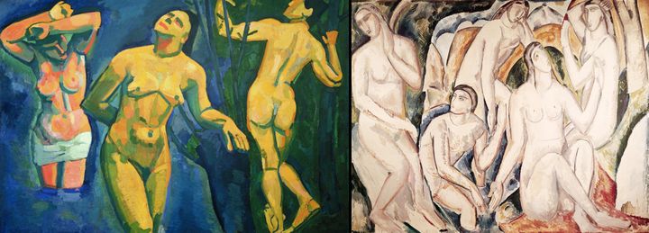 André Derain - A gauche, "Baigneuses", 1907, MoMA, New York, William S. Paley and Abby Aldrich Rockefeller Funds - A droite, "Baigneuses", 1908, Galerie nationale, Prague
 (A gauche et à droite © Adagp, Paris 2017)