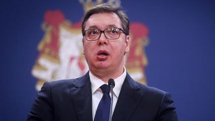 Le président serbe Aleksandar Vucic lors d'une déclaration sur l'épidémie de coronavirus, à Belgrade le 15 mars 2020 (OLIVER BUNIC / AFP)