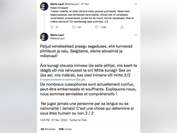 Le compte de la ministre de la Justice estonienne, Maris Lauri, le 27 février 2022. (CAPTURE D'ECRAN TWITTER)