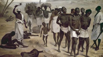 Convoi d'esclaves en Afrique. Peinture apportée par l'association internationale africaine pour l'exposition de 1878 à Paris. Musée du quai Branly, Paris.
 ( Josse / Leemage)