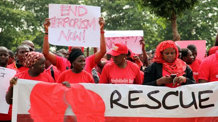 Une manifestation r&eacute;clame la lib&eacute;ration des lyc&eacute;ennes nig&eacute;rianes kidnapp&eacute;es par Boko Haram, le 22 mai 2014 &agrave; Abuja (Nigeria). (NACER TALEL / ANADOLU AGENCY / AFP)