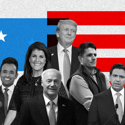 Six candidats sont en lice pour les primaires du Parti républicain : Ryan Binkley, Ron DeSantis, Asa Hutchinson, Nikki Haley, Vivek Ramaswamy et Donald Trump. (ASTRID AMADIEU / FRANCEINFO)